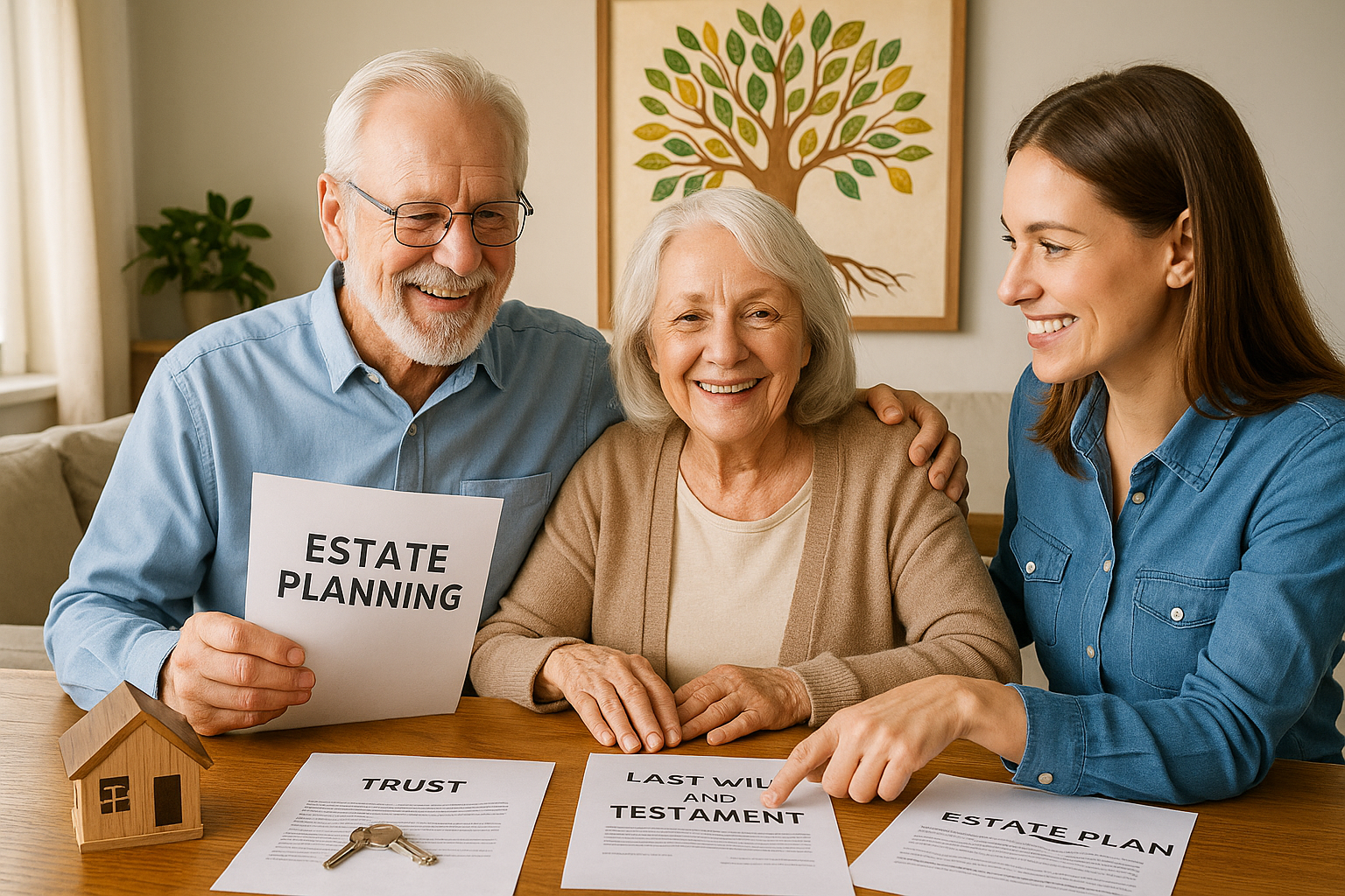 Three generations of a family smiling while reviewing estate planning documents including a will, trust, and estate plan, with a family tree artwork in the background.