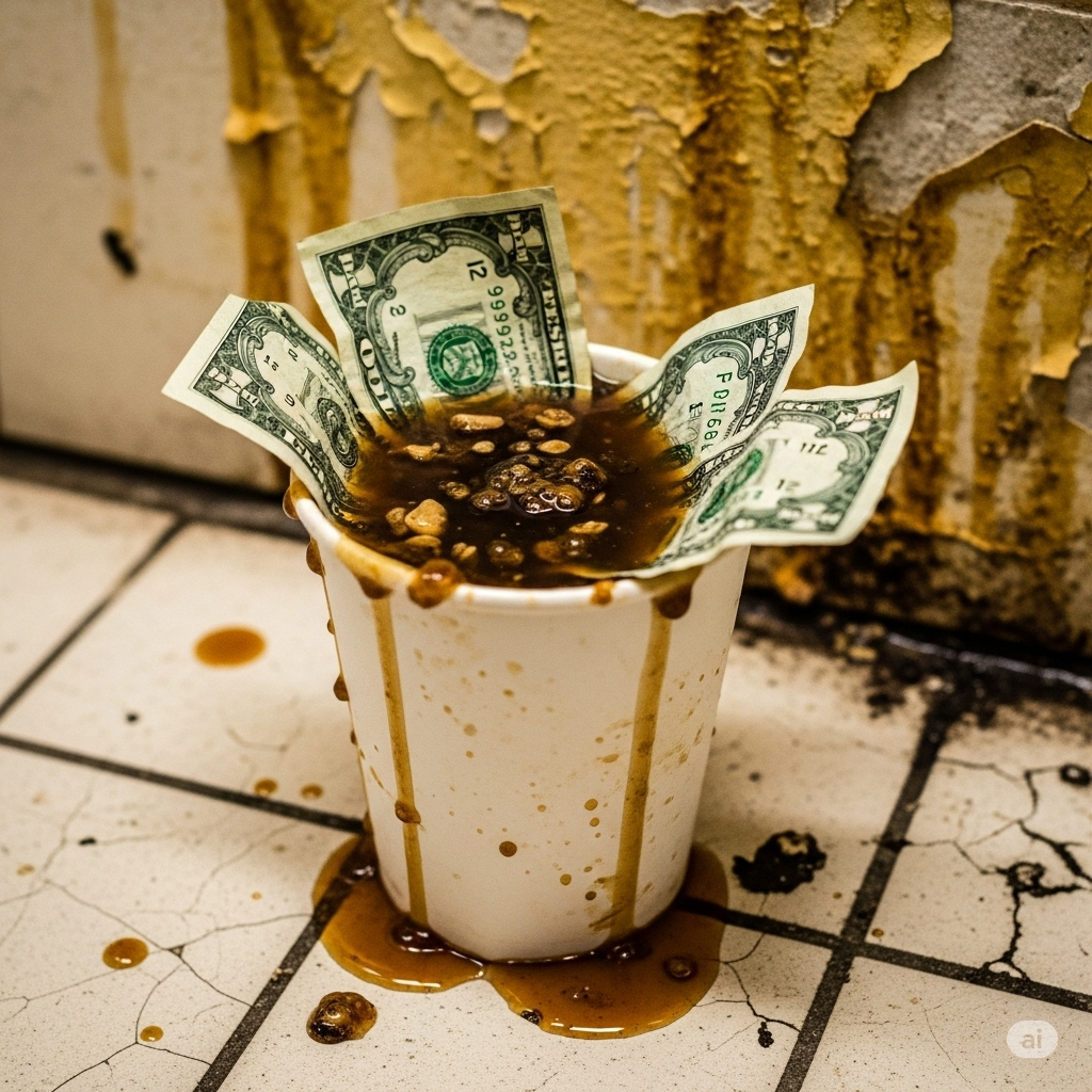A disgusting coffee cup filled with sludge and money sits on tile.