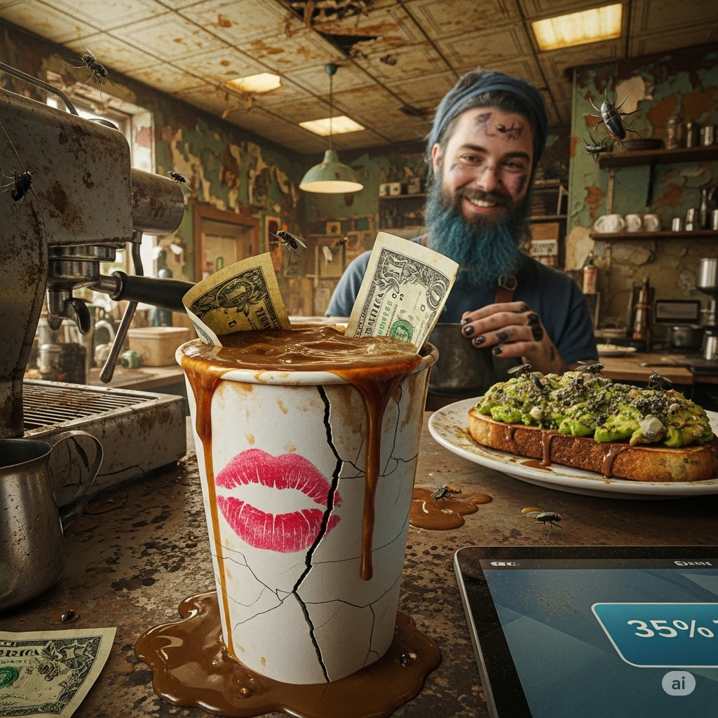A disgusting coffee cup filled with sludge and money sits on a filthy counter next to moldy avocado toast, illustrating the high cost of daily luxuries on retirement savings. A smiling barista and a tablet asking for a 35% tip are in the background of the dirty coffee shop.