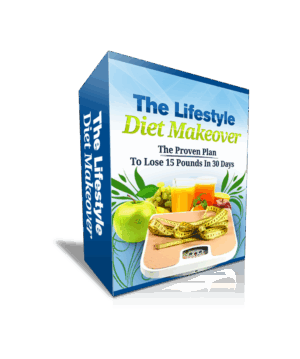 The Lifestyle Diet Makeover ebook cover featuring a scale, fruits, and juice, promoting healthy weight loss