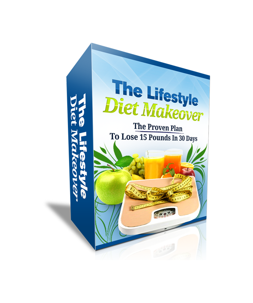 The Lifestyle Diet Makeover ebook cover featuring a scale, fruits, and juice, promoting healthy weight loss