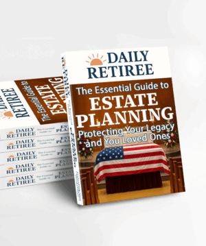 Stack of "Daily Retiree: The Essential Guide to Estate Planning" books with flag-draped casket cover