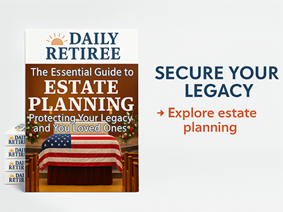 Cover of "The Essential Guide to Estate Planning" ebook by Daily Retiree showing a folded American flag on a casket, promoting securing your legacy.