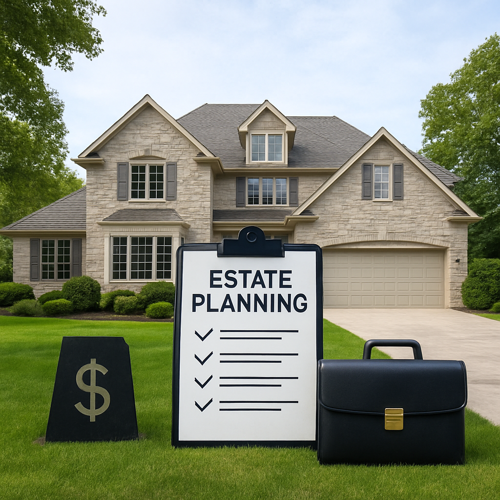 A large elegant stone house with a clipboard labeled Estate Planning, symbolizing financial security and organization for future planning.
